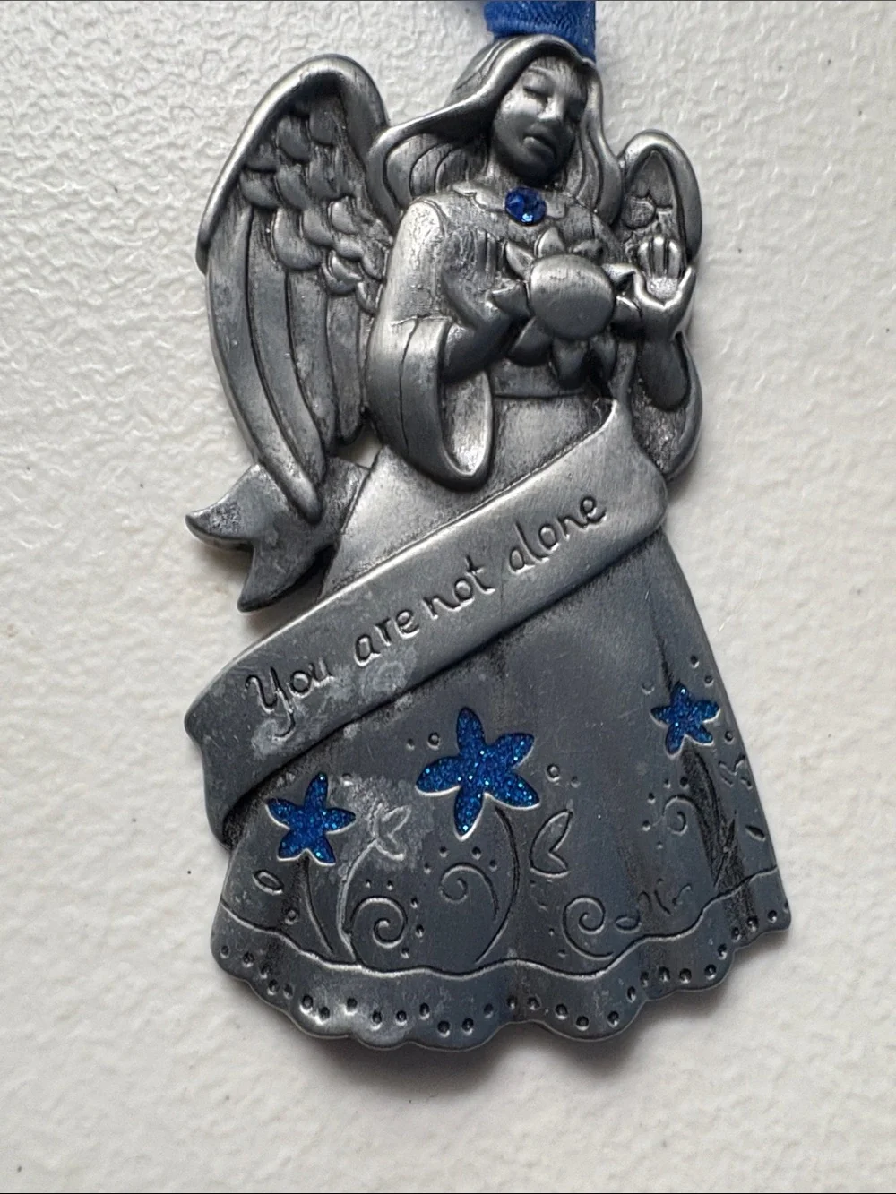 Vintage Silver Angel Ornament with Blue Ribbon and Glitter Accents